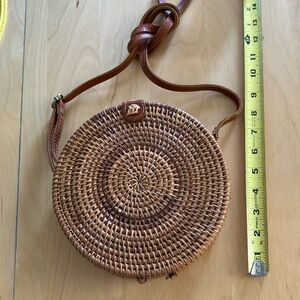 Round Woven Tan Crossbody Bag
